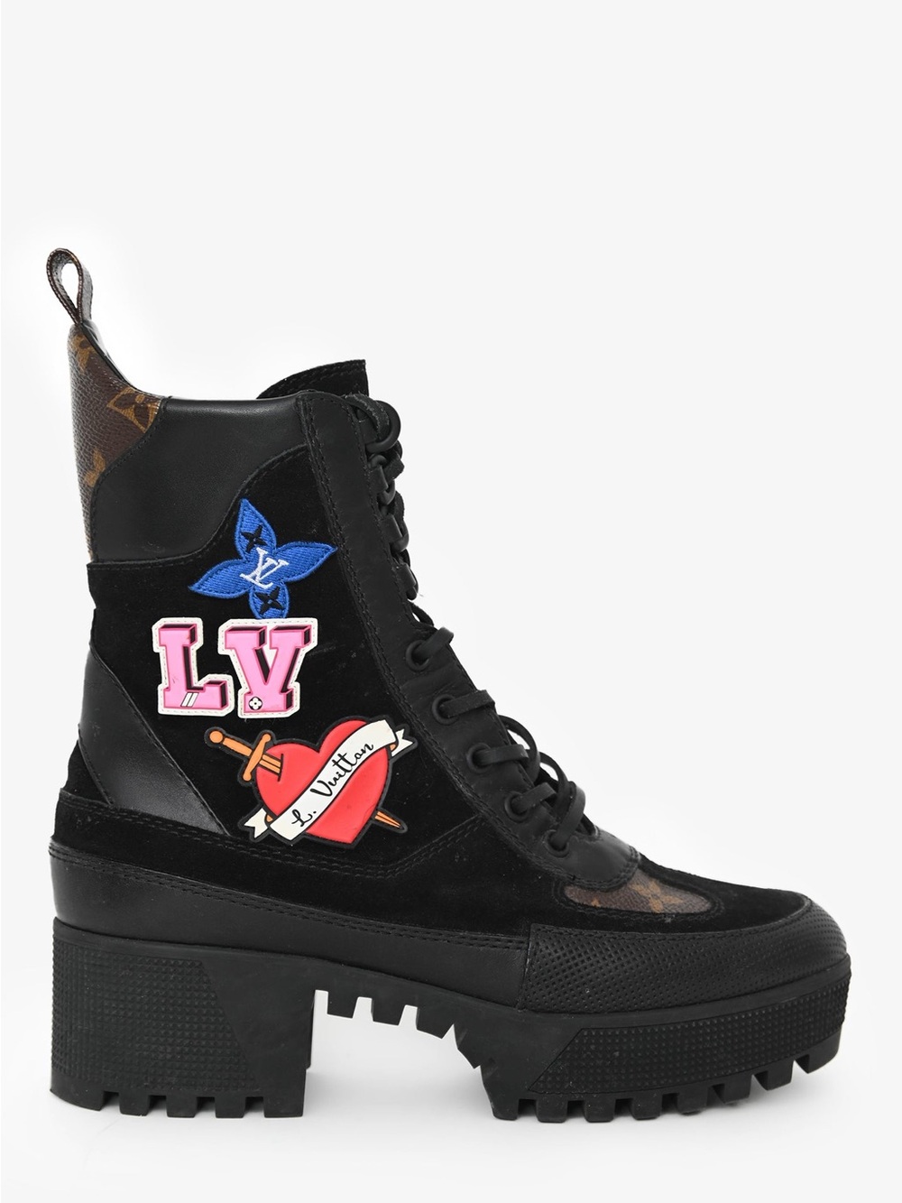 Louis Vuitton Black Combat Boot with Pink & Blue Patches